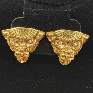Panther Head Gold Tone Clip Earrings with Rhinestone Eyes-Statement Vintage